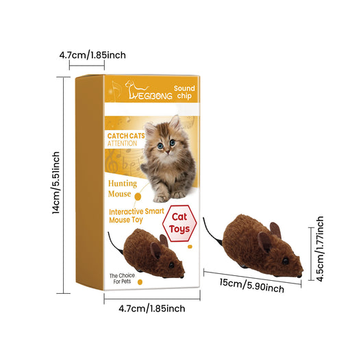 Brown interactive mouse toy for cats with a sound chip, shown in packaging with a kitten graphic and as a standalone toy. - Image 16