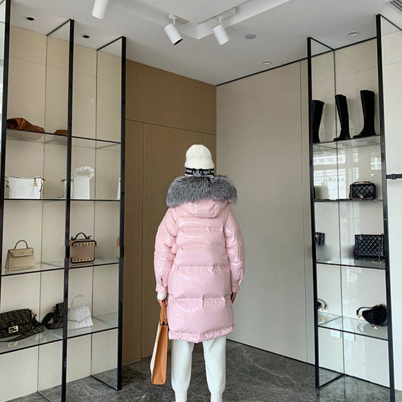 Women's Long Down Coat for Winter with Premium Bright Pink Fur Collar