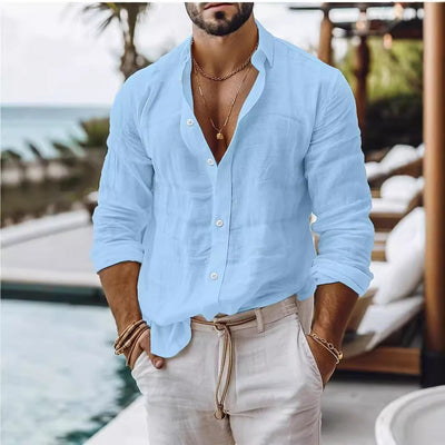 Camisa Casual de Algodón y Lino para Hombre - Manga Larga Color Sólido - Image 3
