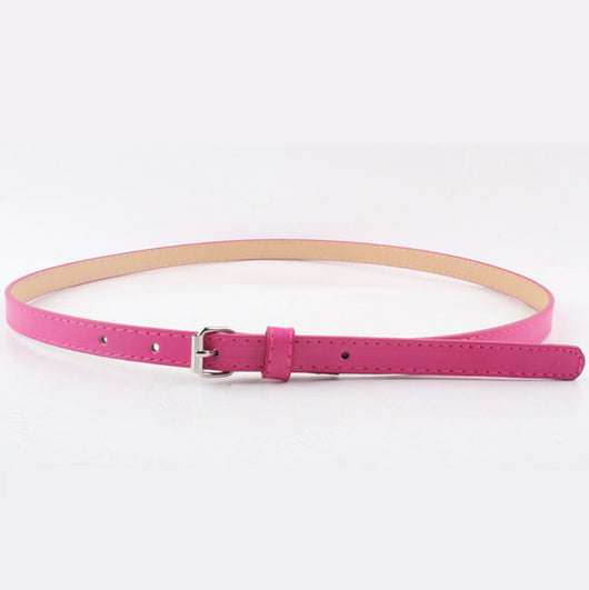 Thin brown imitation leather belt with a small silver D-shaped pin buckle, displayed on a white background. - Image 29