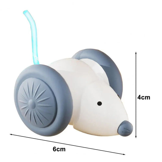 White and grey electric mouse cat toy with large wheels, a glowing blue tail, and a USB charging cable. - Image 2
