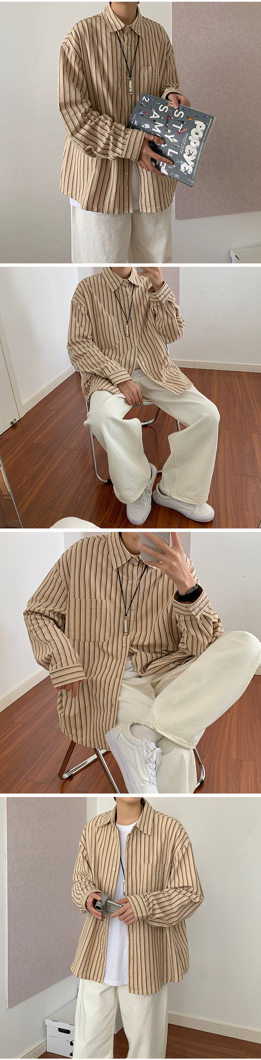 Camisa Vintage a Rayas de Manga Larga para Hombre - Image 7