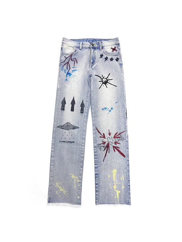 Jeans Azules con Bordado Graffiti y Detalles Deshilachados - Image 3