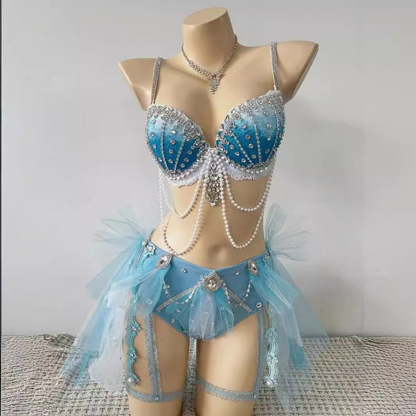 Disfraz Azul Cielo con Perlas Recogidas y Borla