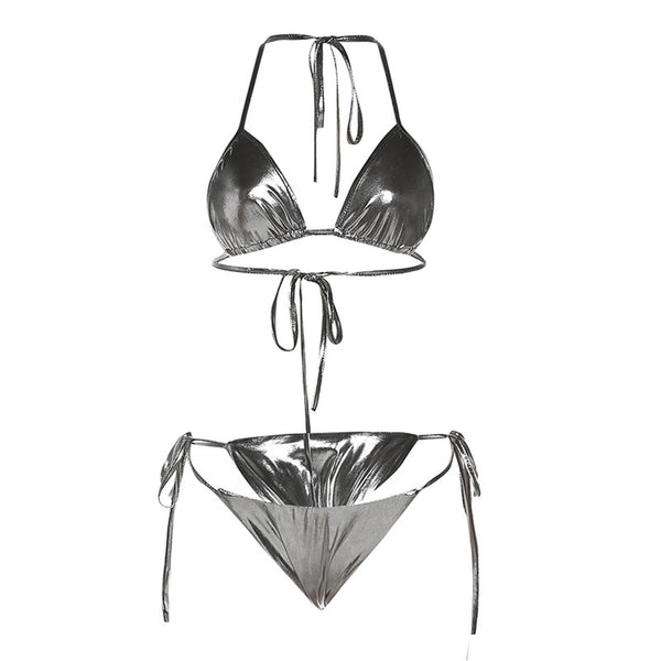 Purple reflective two-piece bikini with a halter neck top and tie-side bottoms, featuring a shiny solid color fabric. - Image 4