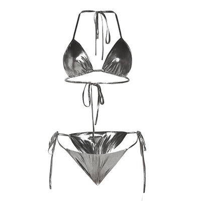 Purple reflective two-piece bikini with a halter neck top and tie-side bottoms, featuring a shiny solid color fabric. - Image 4