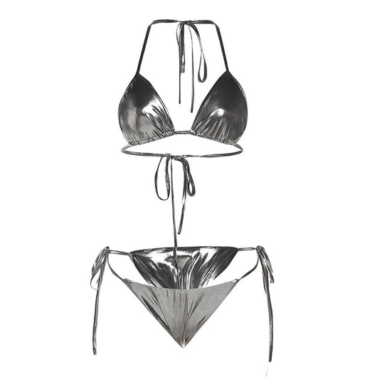 Purple reflective two-piece bikini with a halter neck top and tie-side bottoms, featuring a shiny solid color fabric. - Image 4