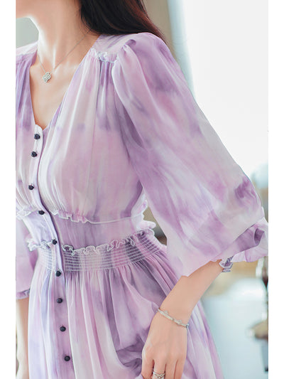 Vestido Largo Escote V Tie-dye Púrpura Estilo Suave - Image 12