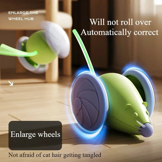 White and grey electric mouse cat toy with large wheels, a glowing blue tail, and a USB charging cable. - Image 23