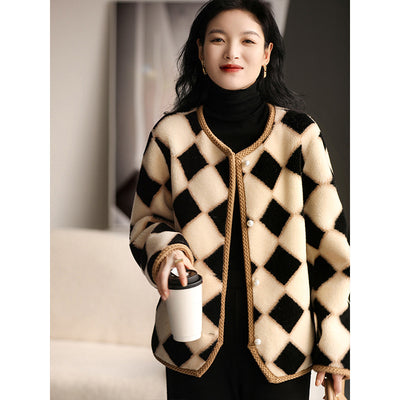 Abrigo de Lana Pura con Diseño Cuadros Escoceses y Piel de Oveja para Invierno - Image 3