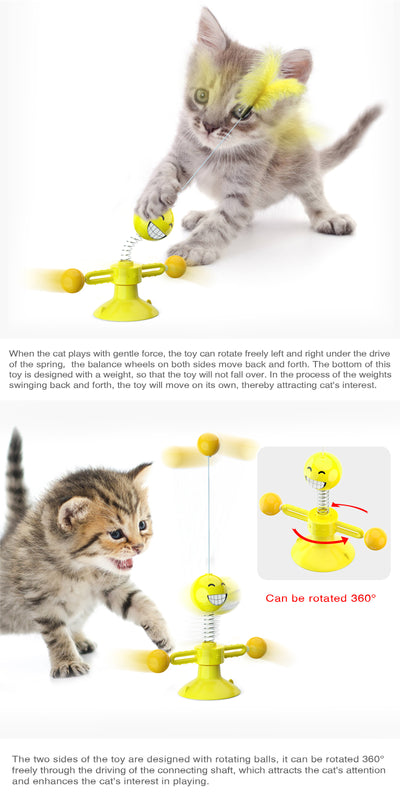 Yellow cat turntable windmill toy with a smiling face, spring, rotating arms, and a feather wand. Two kittens play with the toy. - Image 5