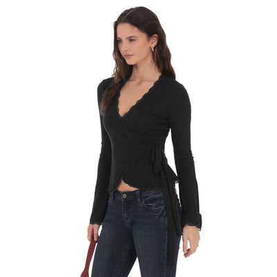 Blusa Escote en V Profundo con Cruzado Frontal y Encaje - Image 4
