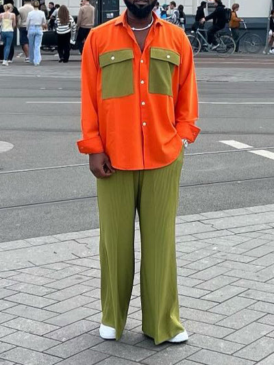 Conjunto Bicolor Naranja y Verde Oliva: Camisa Bloqueada con Pantalón de Pierna Ancha
