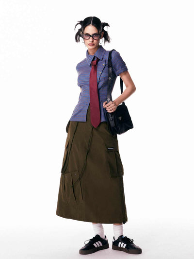 Blusa Retro a Cuadros con Mangas Cortas para Mujer - Image 3