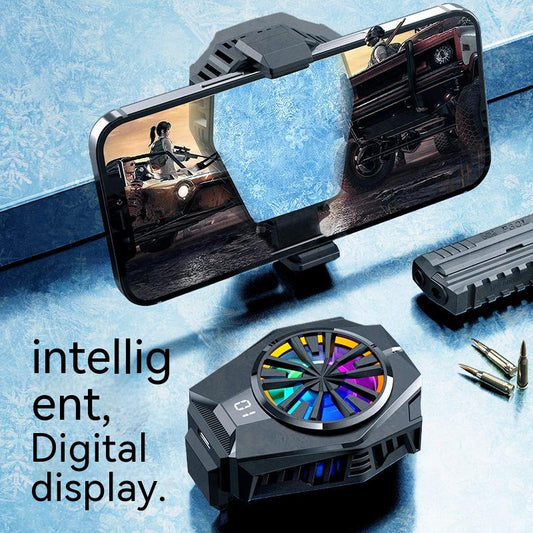 Black mobile phone cooling fan with colorful LED lights attached to the back of a silver smartphone.