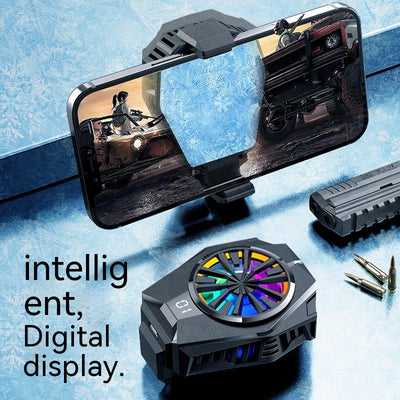 Black mobile phone cooling fan with colorful LED lights attached to the back of a silver smartphone.