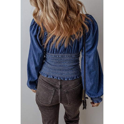 Blusa Denim con Escote en V y Mangas Largas para Mujer - Image 4
