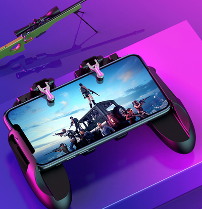 Red and blue smartphone game controller grip with integrated cooling fan and metal trigger buttons, connected to a white USB cable. - Image 9
