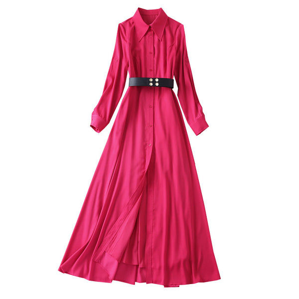 Vestido Largo Elegante con Cuello Camisero y Manga Tres Cuartos - Image 5