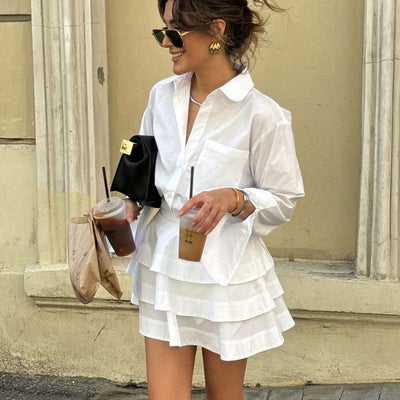 Vestido Sastre Blanco con Solapas y Mangas Largas de Cintura Alta - Image 9