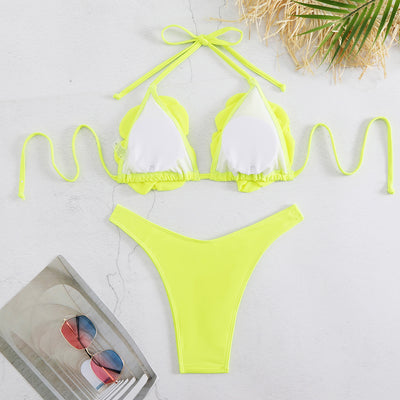 Neon yellow women's bikini with 3D floral details on the triangle top and a high-cut bottom. - Image 8