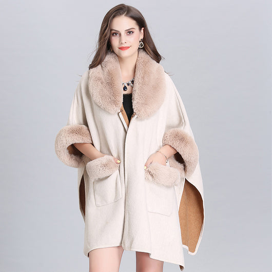 Cardigan de Lana con Cuello de Piel y Bolsillos