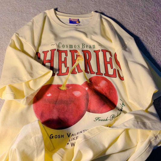 Camiseta Negra de Algodón con Estampado de Frutas para Hombre