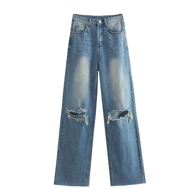 Jeans de Talle Alto y Pierna Ancha con Detalles Perforados para Primavera y Verano - Image 8