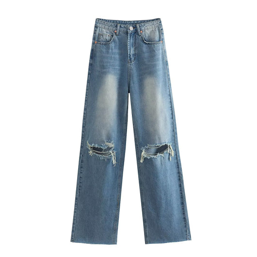 Jeans de Talle Alto y Pierna Ancha con Detalles Perforados para Primavera y Verano - Image 8