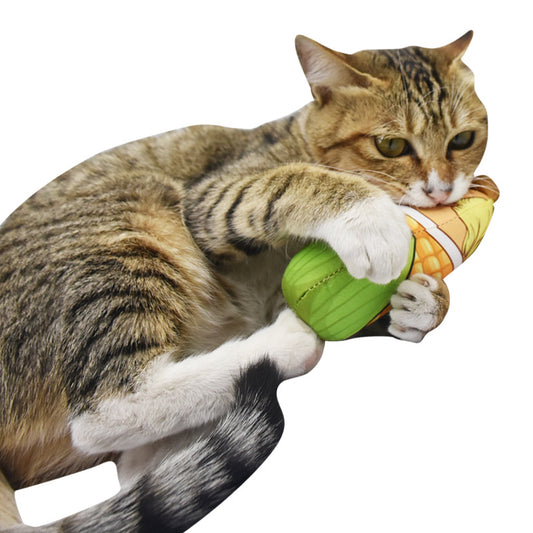 Plush corn-shaped cat teaser toy with a caricature face, orange tie, and green husk design, held in a hand.