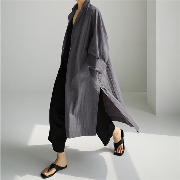 Abrigo Tipo Trench Shirt Dress Largo de Lino y Algodón con Abertura