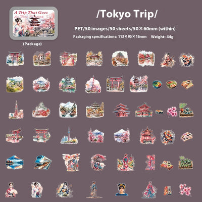 Set of 50 PET stickers featuring watercolor illustrations of a Greece tour, including buildings, landscapes, and food. - Image 7