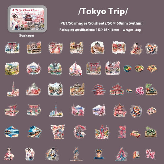 Set of 50 PET stickers featuring watercolor illustrations of a Greece tour, including buildings, landscapes, and food. - Image 7