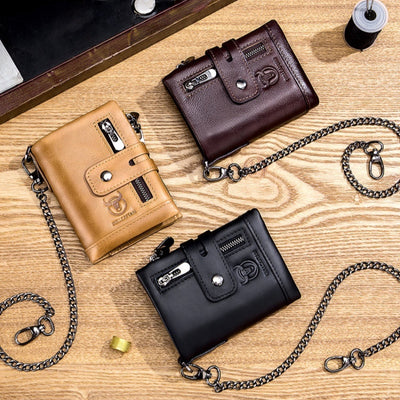 Billetera Retro de Cuero Genuino Bifold Compacta con Doble Cierre