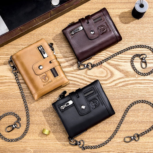 Billetera Retro de Cuero Genuino Bifold Compacta con Doble Cierre
