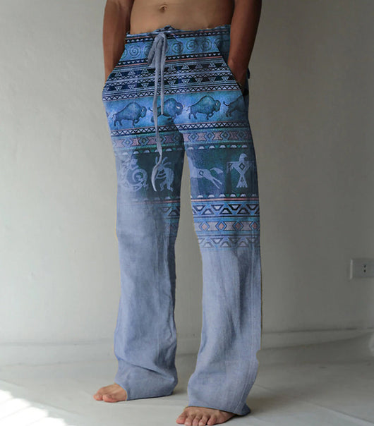 Pantalones Casuales Sueltos de Lino Estampado para Hombre - Image 44