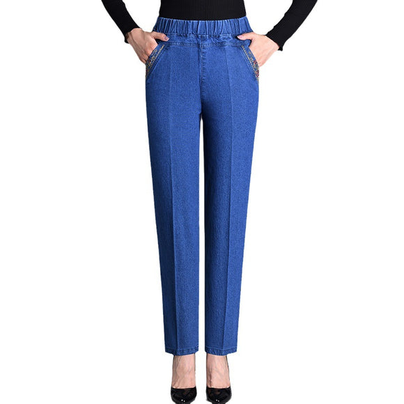 Pantalones Vaqueros Talle Alto Cintura Elástica Corte Recto