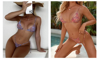 Green and yellow paisley print two-piece bikini swimsuit with a triangle top and tie-side thong bottom. - Image 11