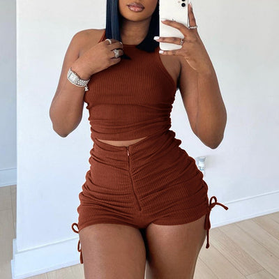 Conjunto Casual de Dos Piezas con Chaleco y Shorts Plisados