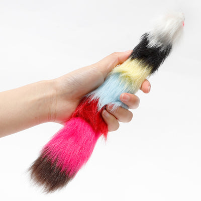 Two colorful plush mouse pet toys with segmented bodies in white, black, yellow, blue, red, and pink, on a white background. - Image 9