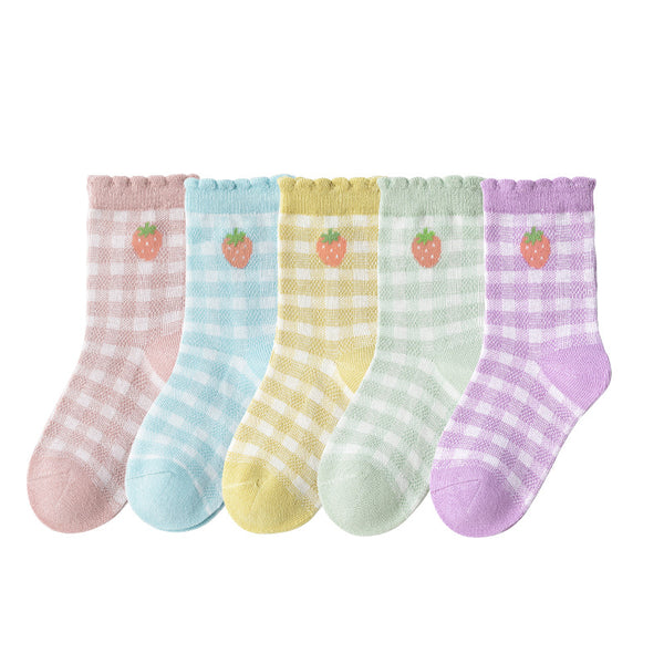 Calcetines Infantiles Cuadros Franceses Fresa con Diseño Cartoon - Image 4