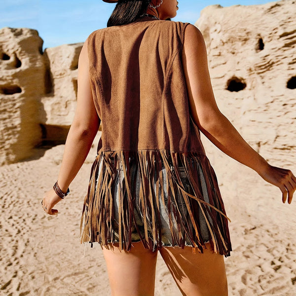 Chaleco Retro con Solapas y Flecos sin Mangas para Mujer