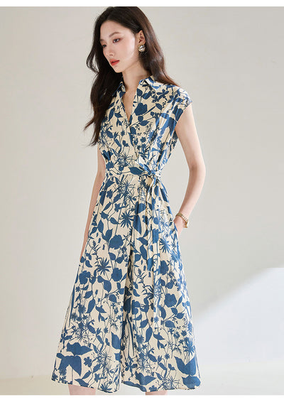 Vestido Camisero Ajustado Estampado Azul y Blanco - Image 12