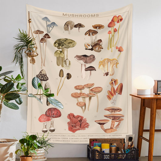 European retro mushroom tapestry with a starry night sky, crescent moon, butterflies, and various colorful fungi and plants. - Image 3