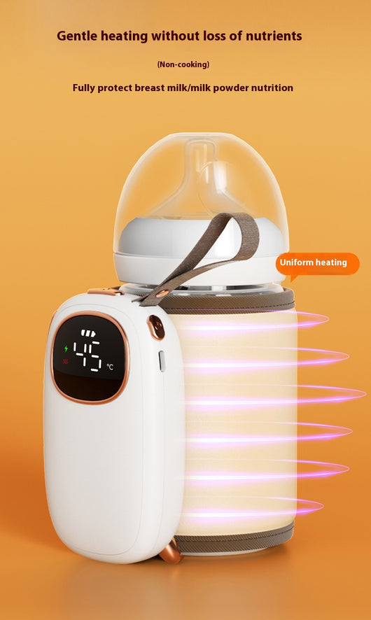 White portable bottle warmer with rose gold accents, digital display showing 45°C, and beige insulated sleeve. - Image 9