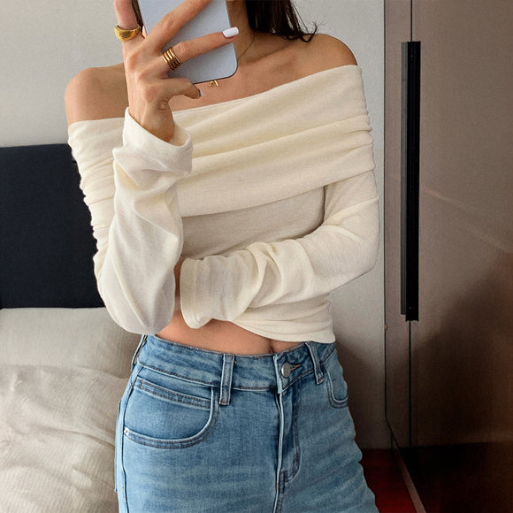 Blusa Casual de Vacaciones con Mangas Largas y Escote Ancho para Mujer