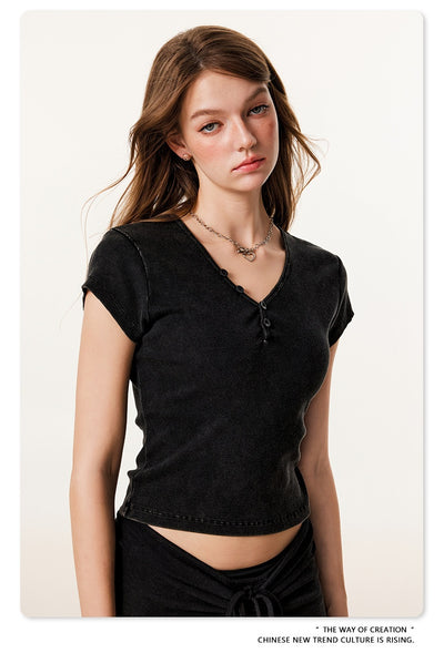 Blusa Retro Americana Slim Fit Cuello V Manga Corta - Image 22