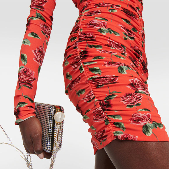Vestido Mini Plisado con Estampado de Manga Larga