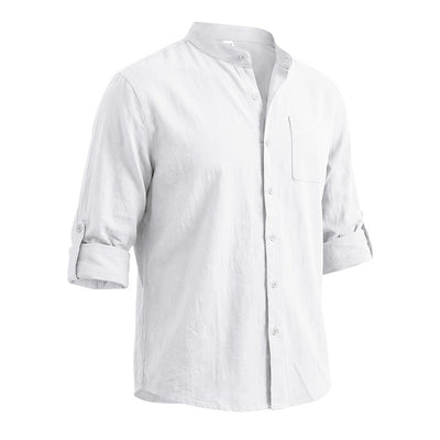 Camisa de Lino Estilo Americano con Cuello Mao y Mangas Medianas para Hombre - Image 37