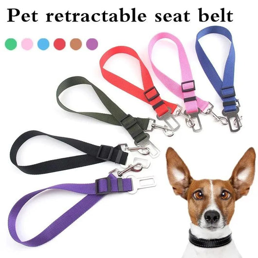Pink adjustable dog car seat belt with a metal seatbelt buckle and a silver swivel snap hook. - Image 8